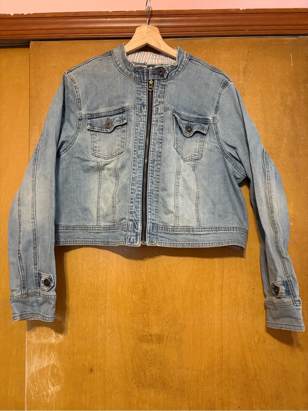 Venezia Light Blue Denim Zip-Front cropped moto Jacket